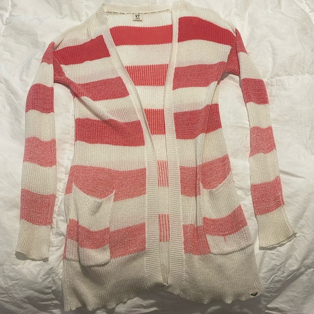 Dark coral and white striped Cardigan